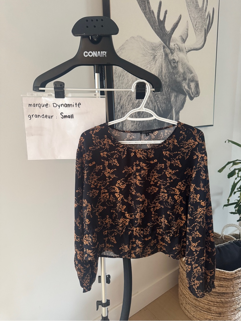 Dynamite Black Blouse with Tan Floral Print